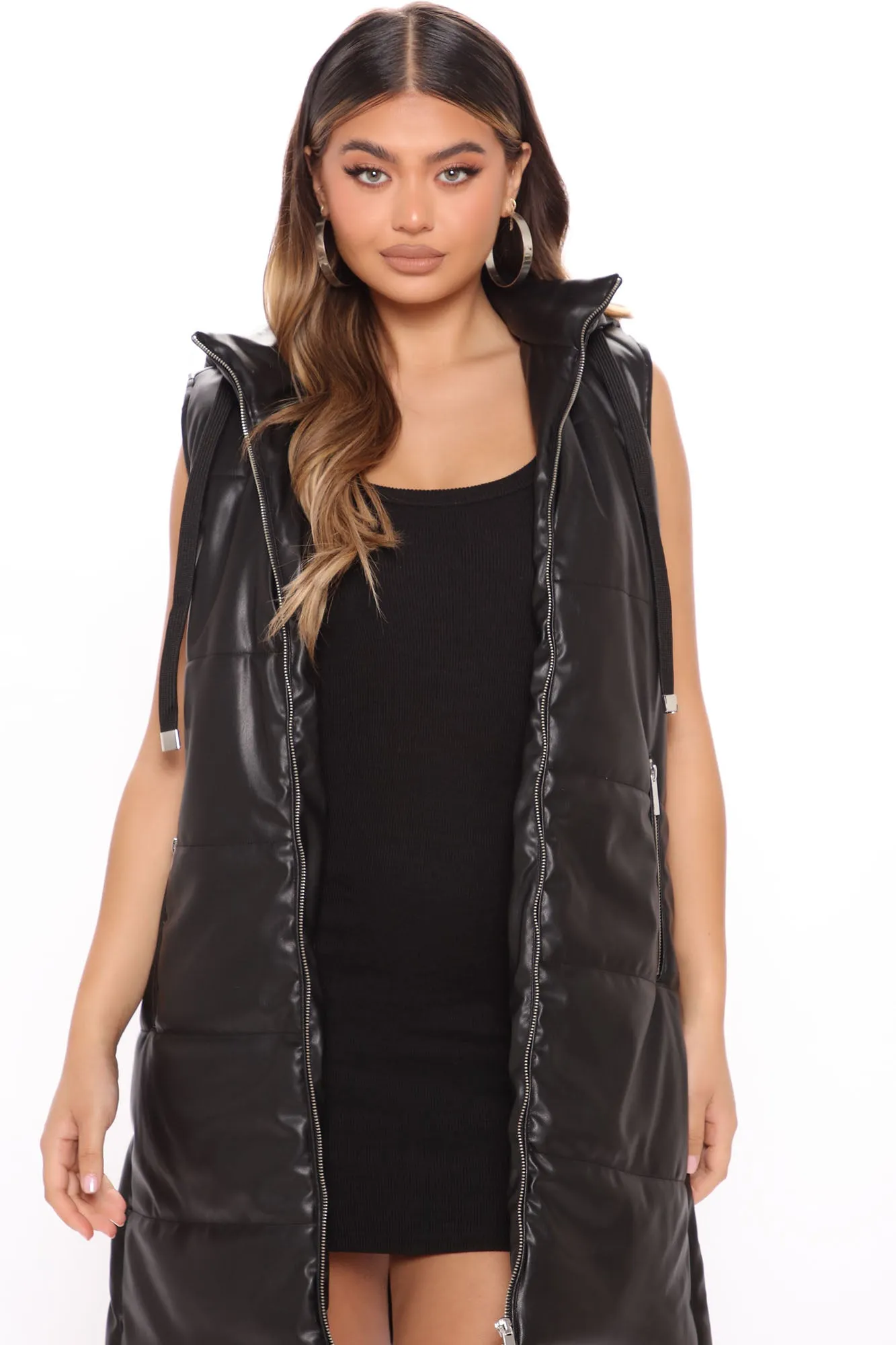 Acting Up Faux Leather Puffer Vest - Black