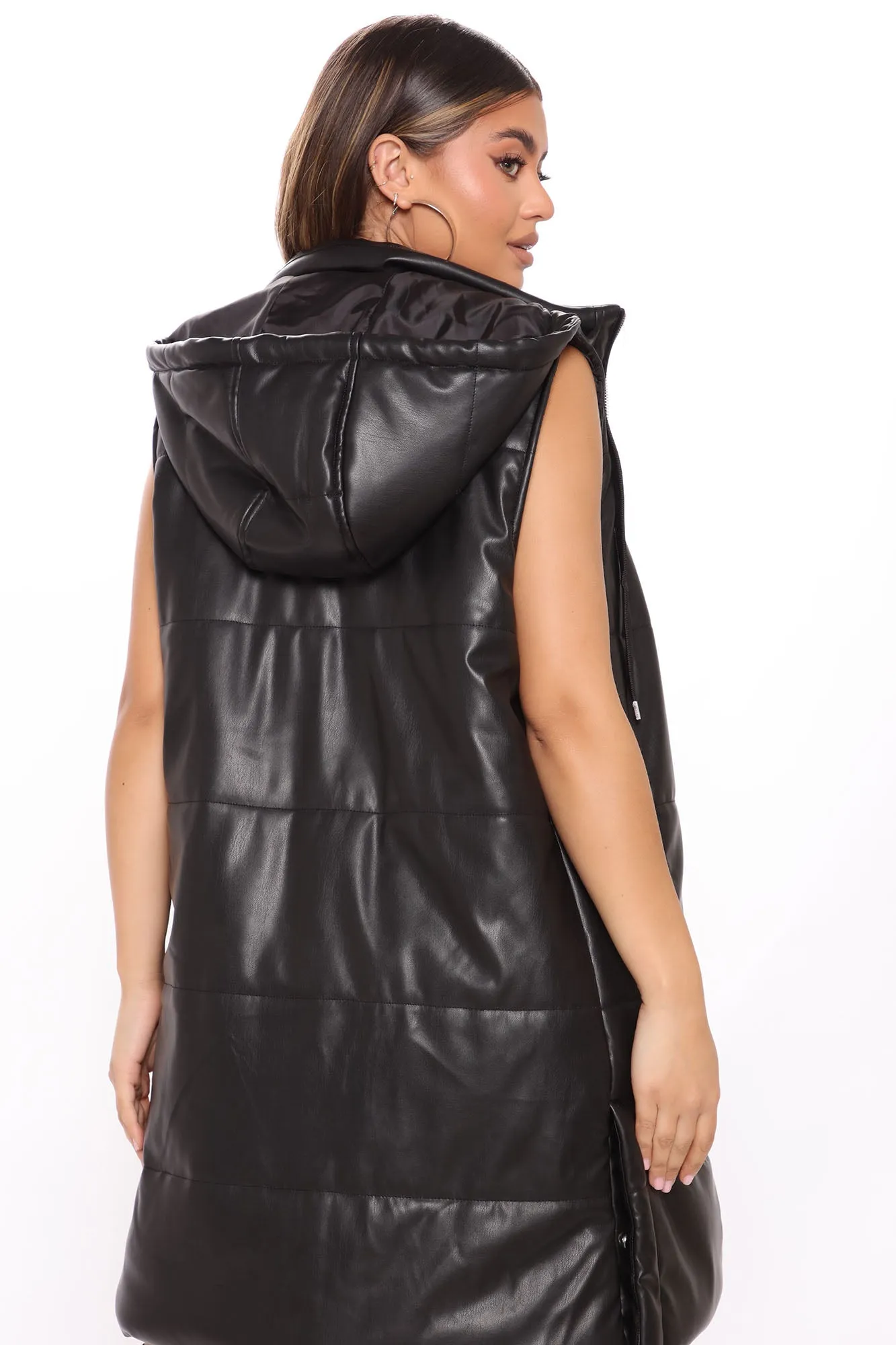 Acting Up Faux Leather Puffer Vest - Black