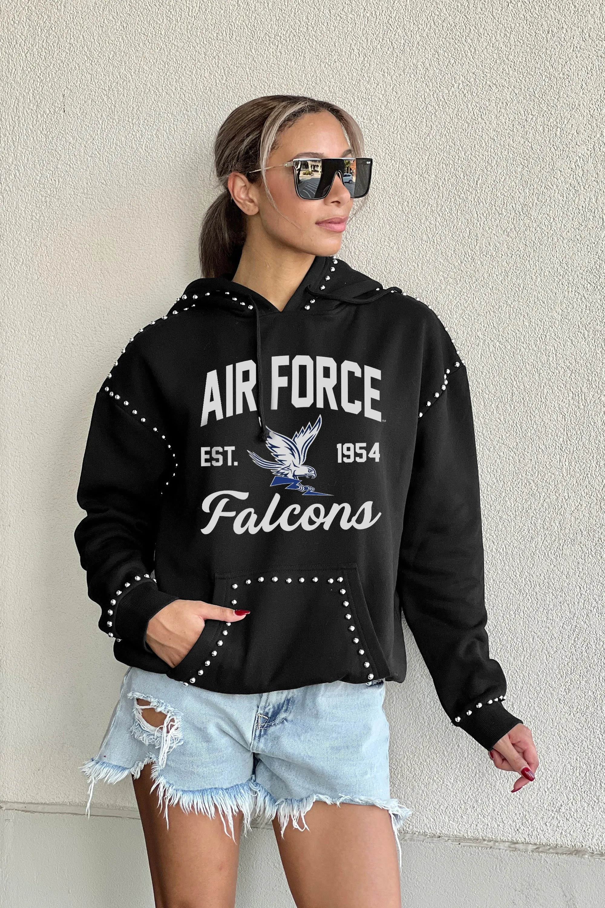 AIR FORCE FALCONS HERE FOR IT STUDDED DETAIL FLEECE FRONT POCKET HOODIE