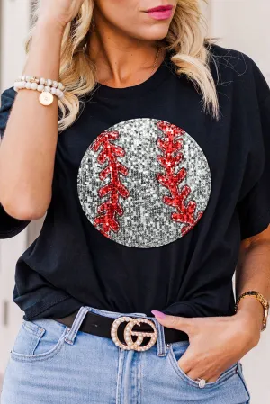 Baseball Faux Sequin Transfer Short Sleeve Relaxed Fit T-Shirt