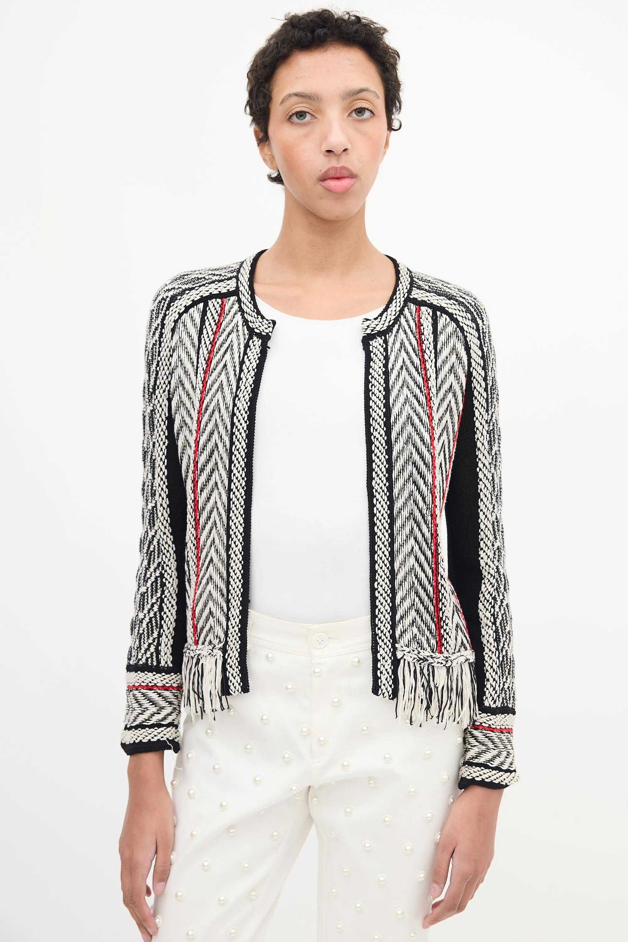 Black & Multi Woven Fringe Cardigan