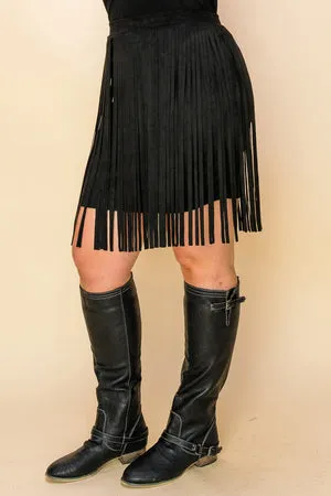 Black Plus Size Faux Suede Fringed Skirt