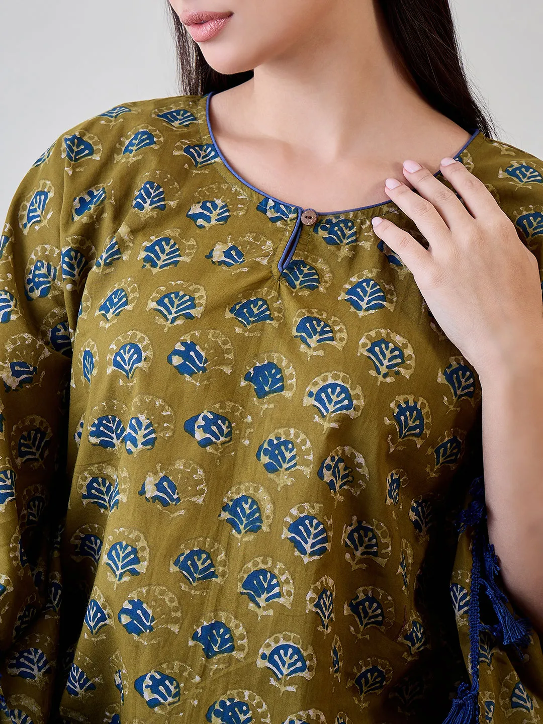 Bright Blue Tasseled Green Cotton Ethnic Motifs Kaftan Top