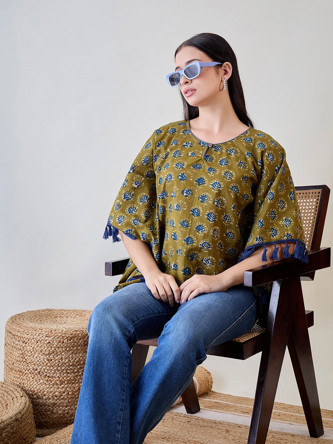 Bright Blue Tasseled Green Cotton Ethnic Motifs Kaftan Top