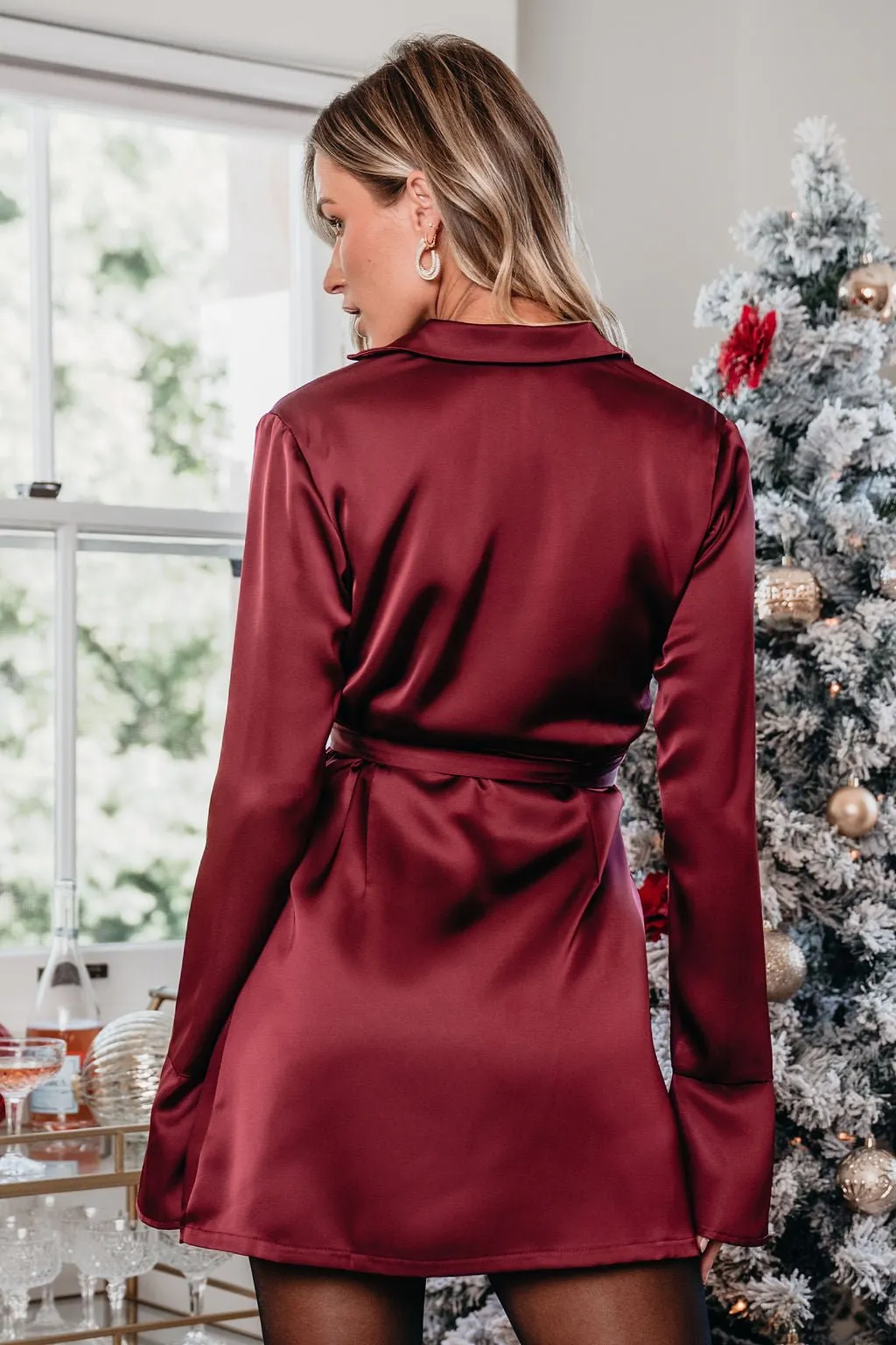 Burgundy Wrap Satin Mini Dress