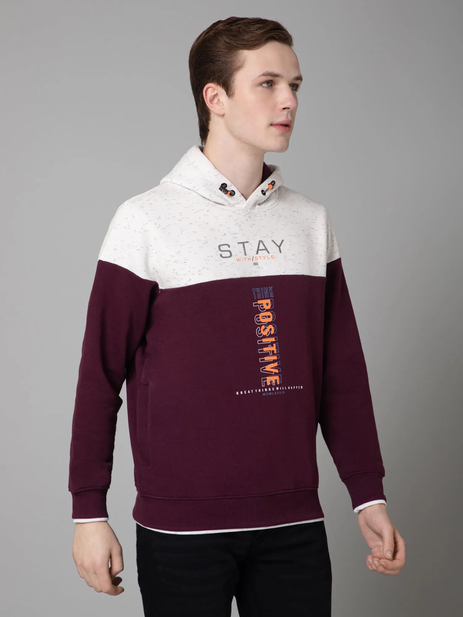 Color Block  Wine Full Sleeves Hooded Neck Regular Fit Casual Sweatshirt for Men