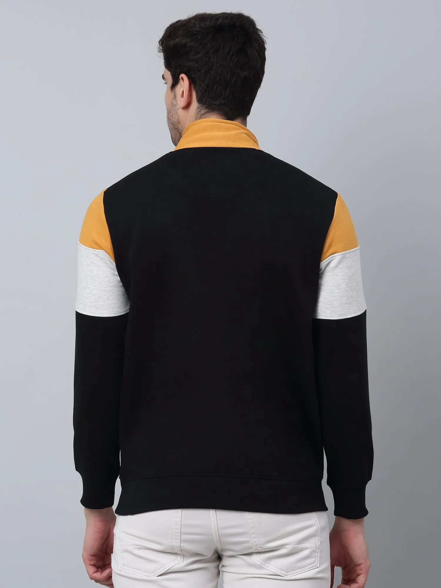 Color Blocked Black Full Sleeves Band Collar Regular Fit Casual Sweatshirt For Men