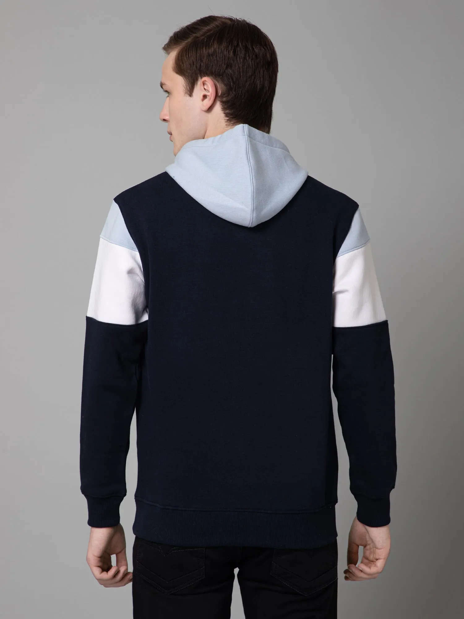 Color Blocked Navy Blue Full Sleeves Hooded Neck Regular Fit Casual Sweatshirt for Men