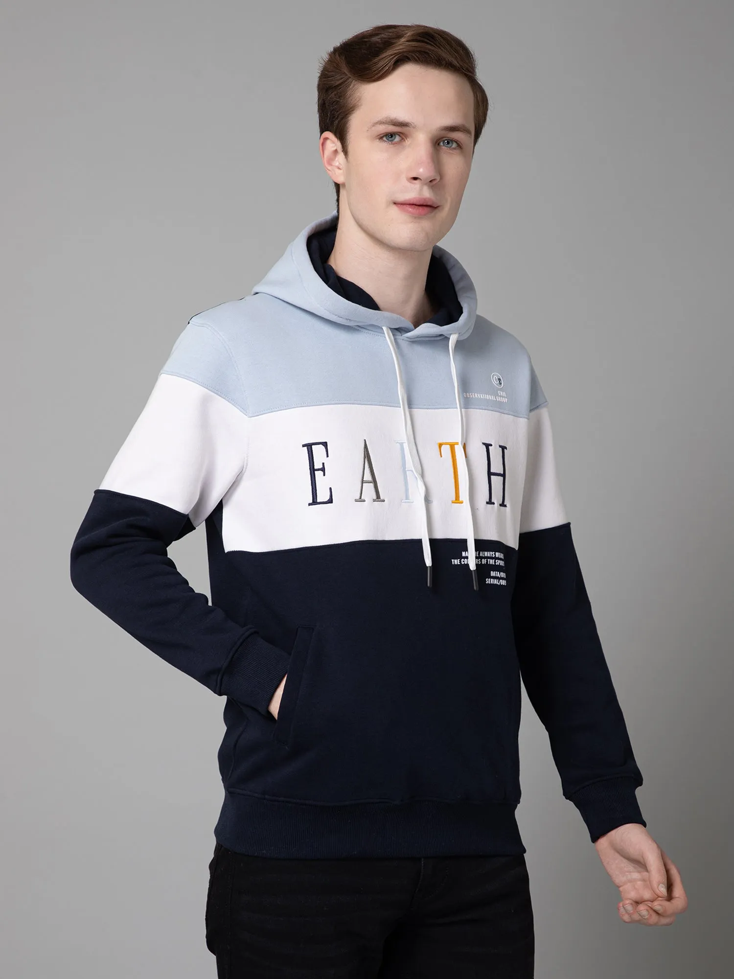 Color Blocked Navy Blue Full Sleeves Hooded Neck Regular Fit Casual Sweatshirt for Men