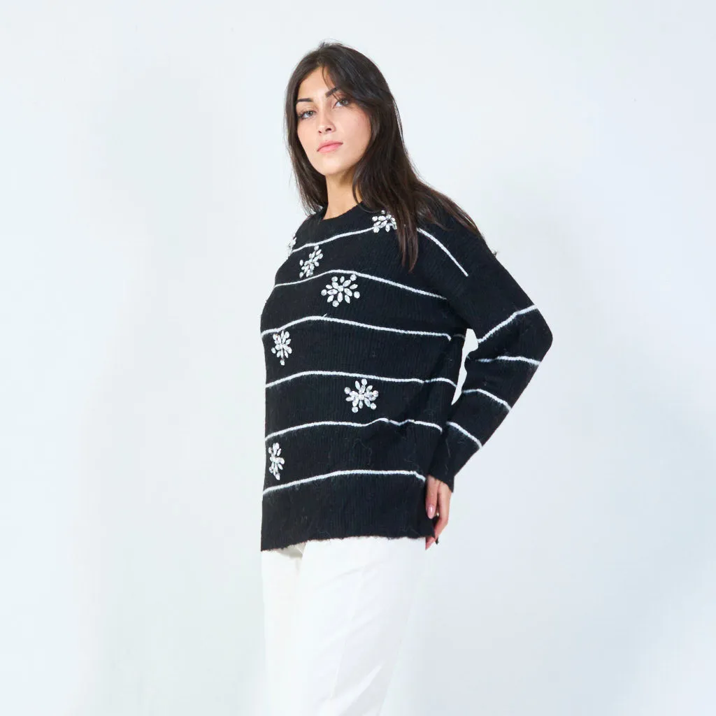 Embellished striped knit sweater wholesale