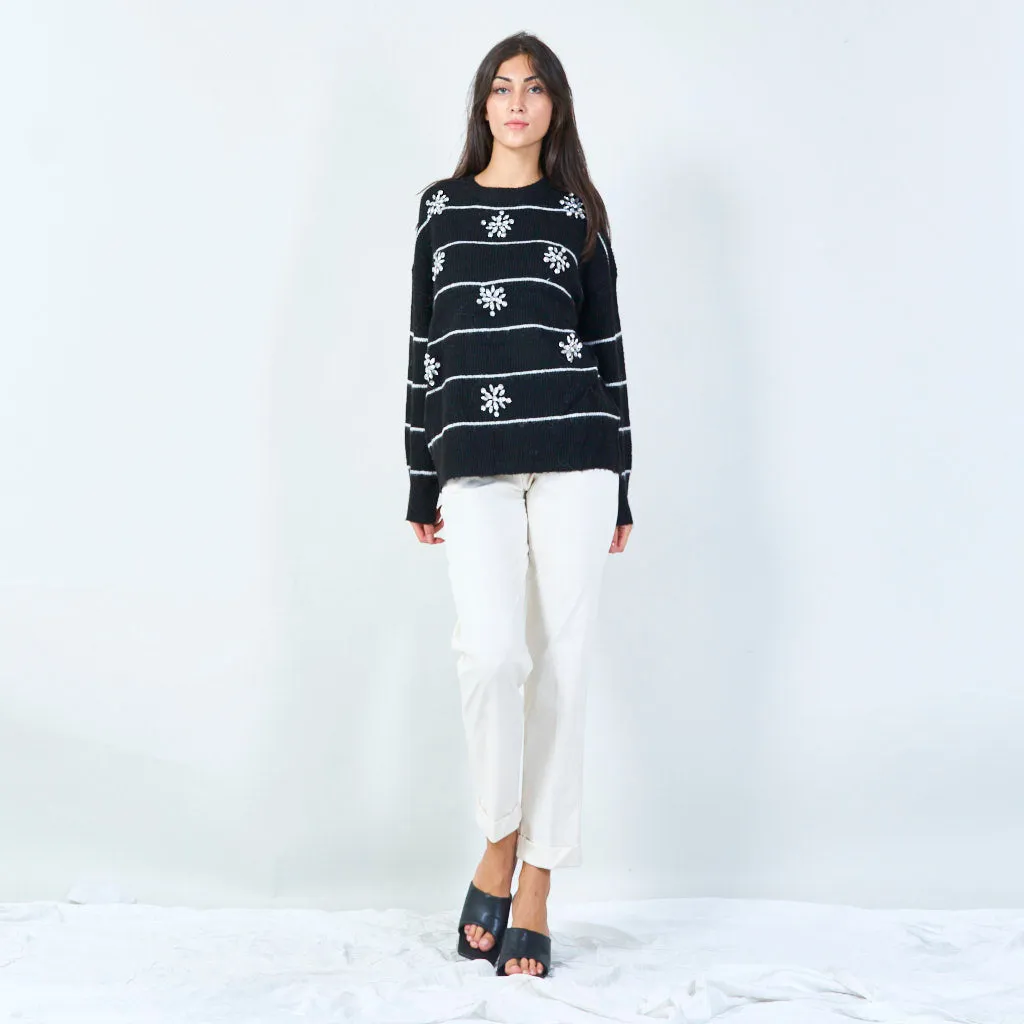 Embellished striped knit sweater wholesale