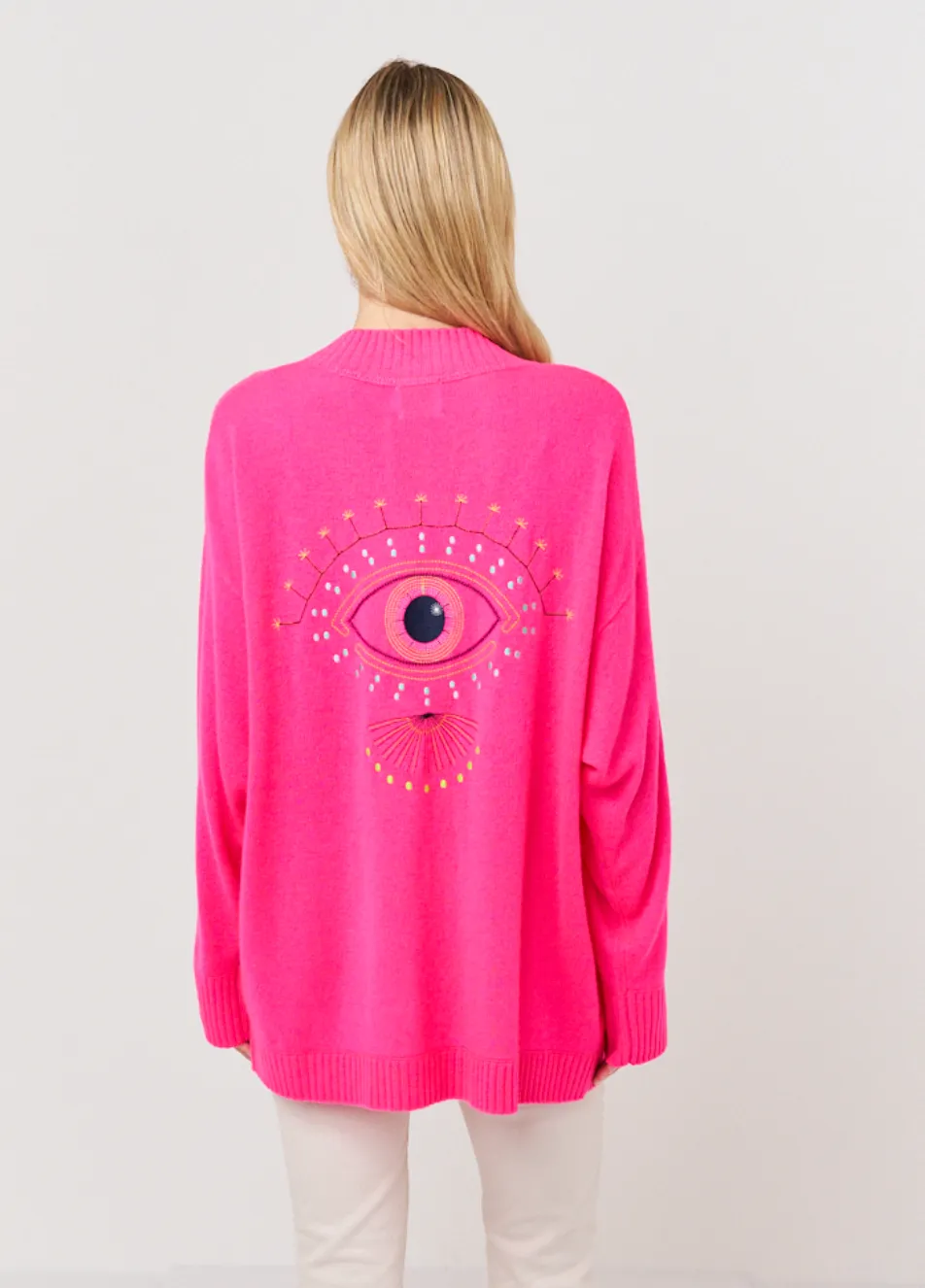 Embroidered Eye Cardi - Neon Pink