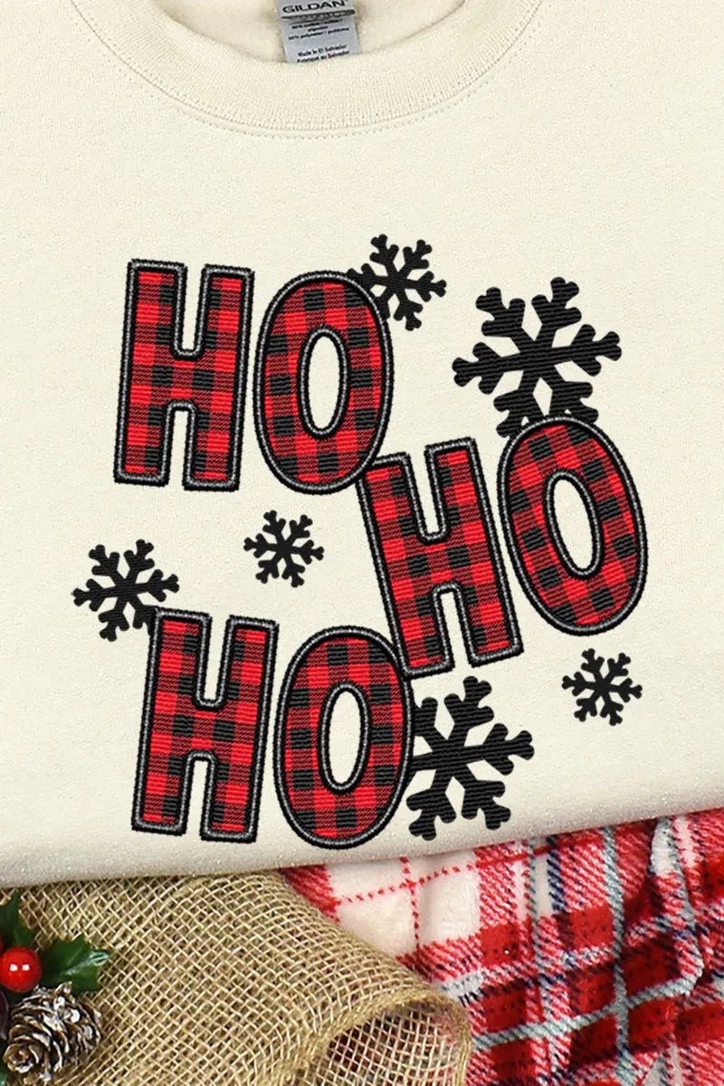 Faux Embroidery Ho Ho Ho Heavy-weight Transfer Crew Sweatshirt