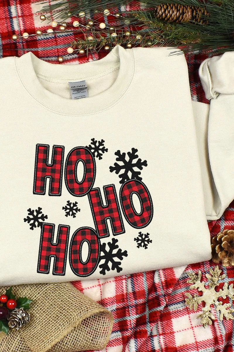 Faux Embroidery Ho Ho Ho Heavy-weight Transfer Crew Sweatshirt