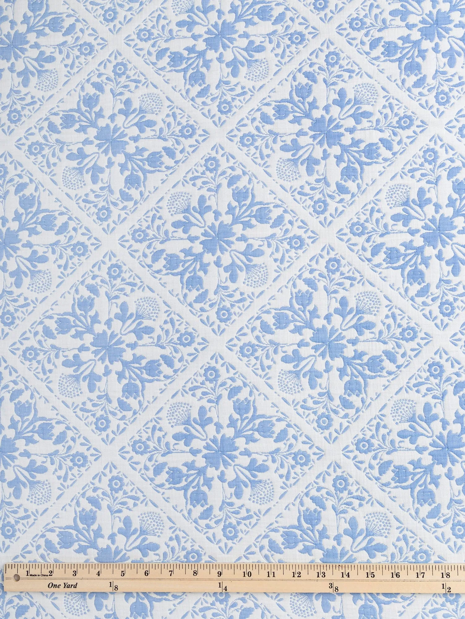 Floral Tile Quilted Jacquard with Batting - Cornflower   Cream - Swatch