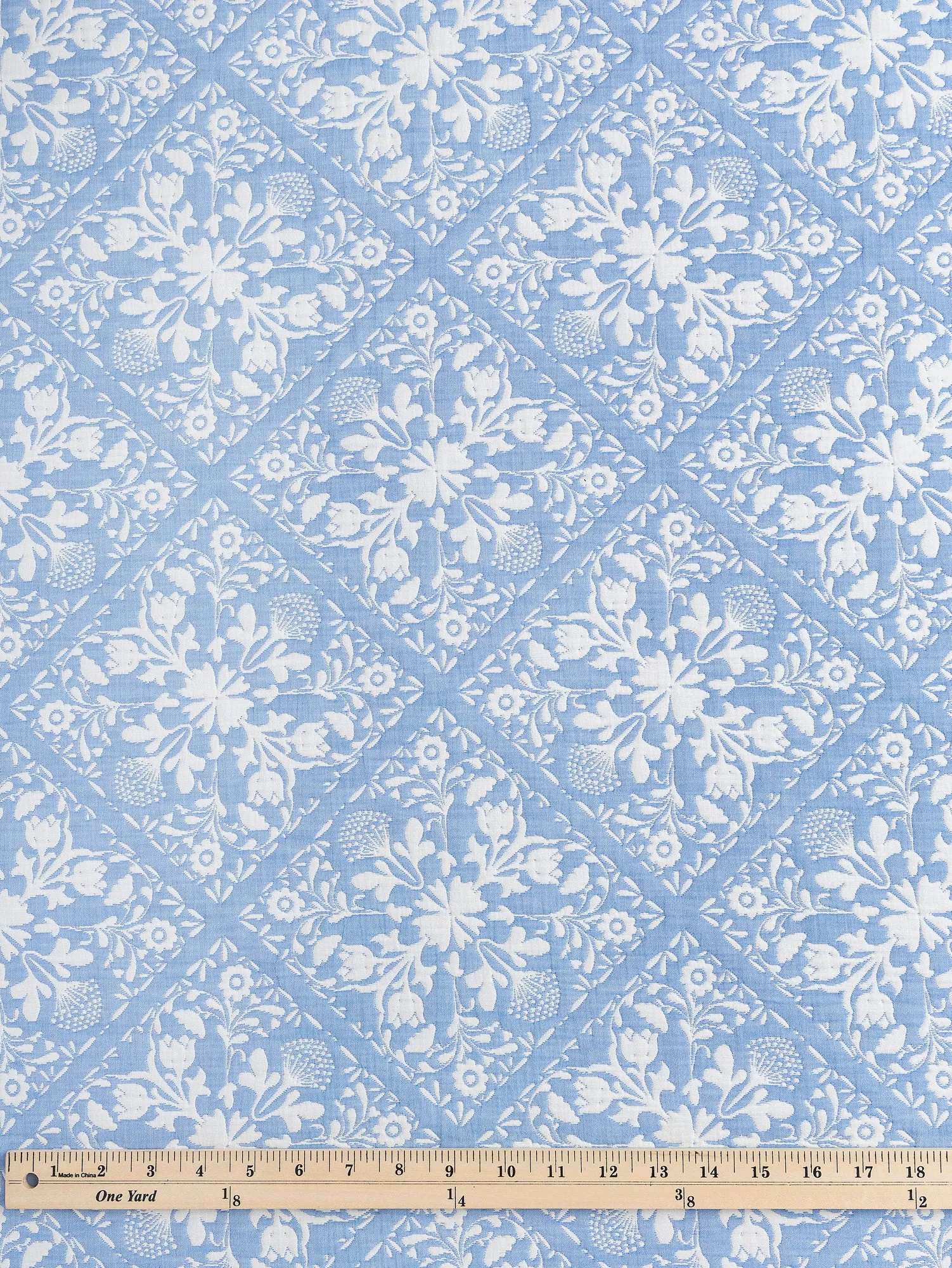 Floral Tile Quilted Jacquard with Batting - Cornflower   Cream - Swatch