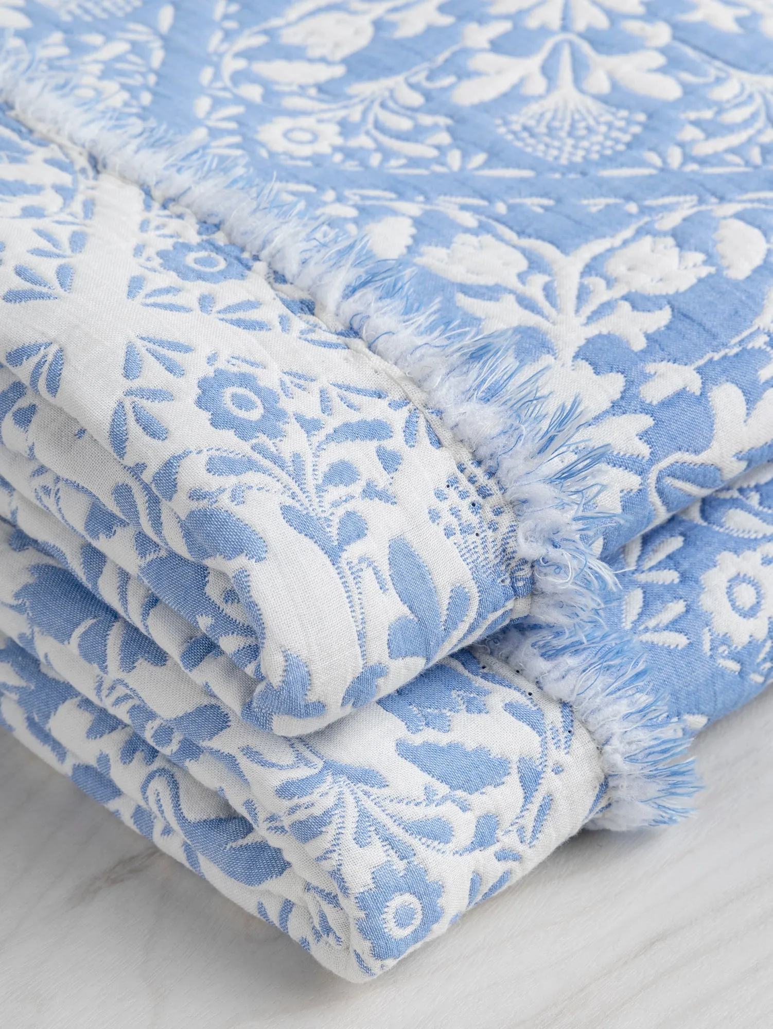 Floral Tile Quilted Jacquard with Batting - Cornflower   Cream