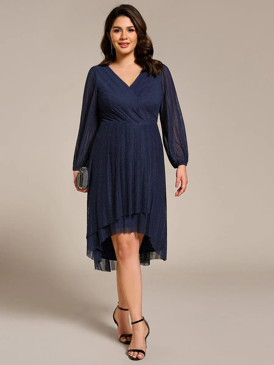 Glow Laura | Plus Size Pleated Long Sleeve V-Neck Midi Glitter Wedding Guest Dress