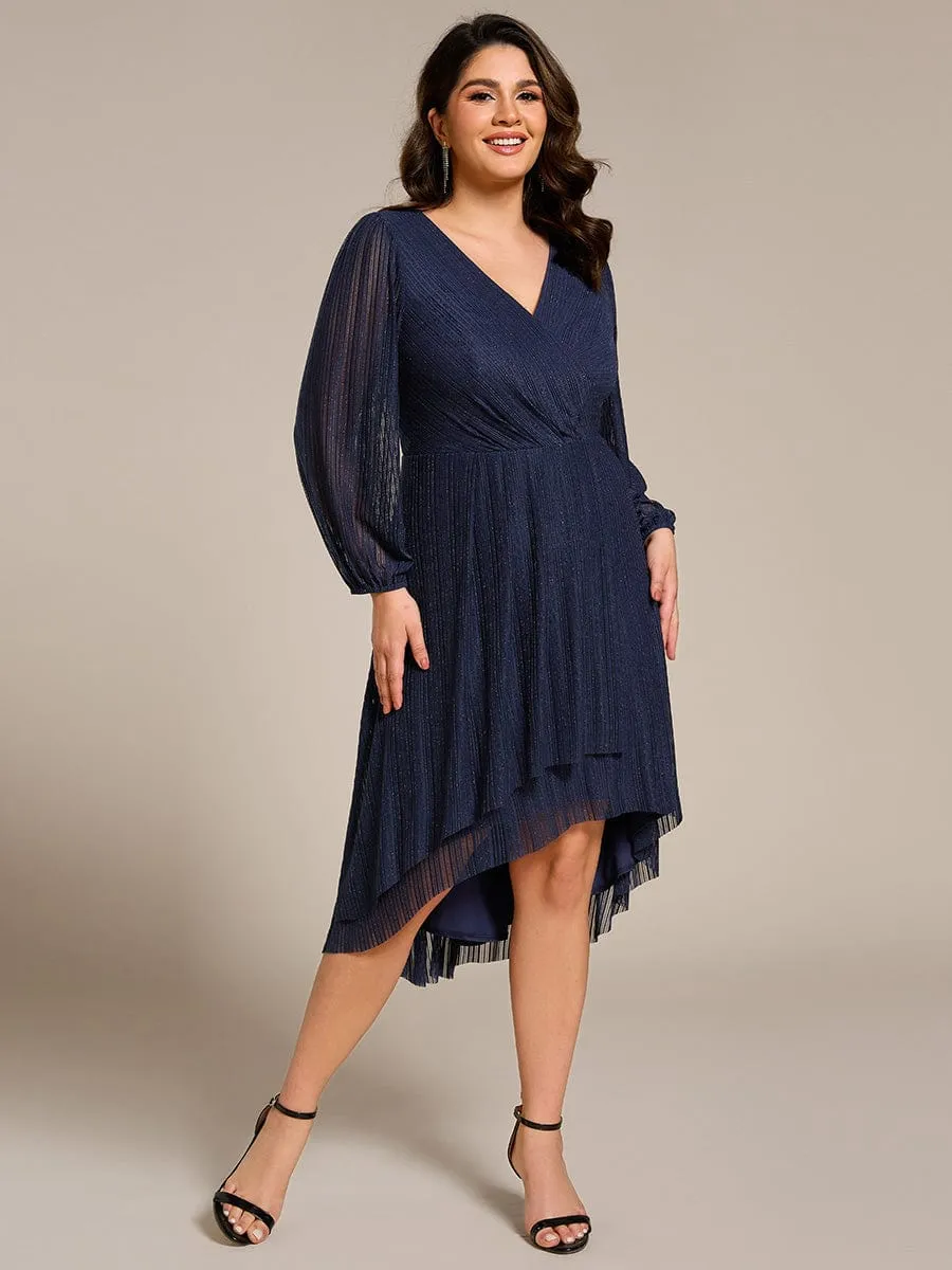 Glow Laura | Plus Size Pleated Long Sleeve V-Neck Midi Glitter Wedding Guest Dress