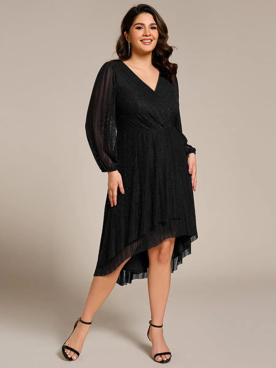 Glow Laura | Plus Size Pleated Long Sleeve V-Neck Midi Glitter Wedding Guest Dress