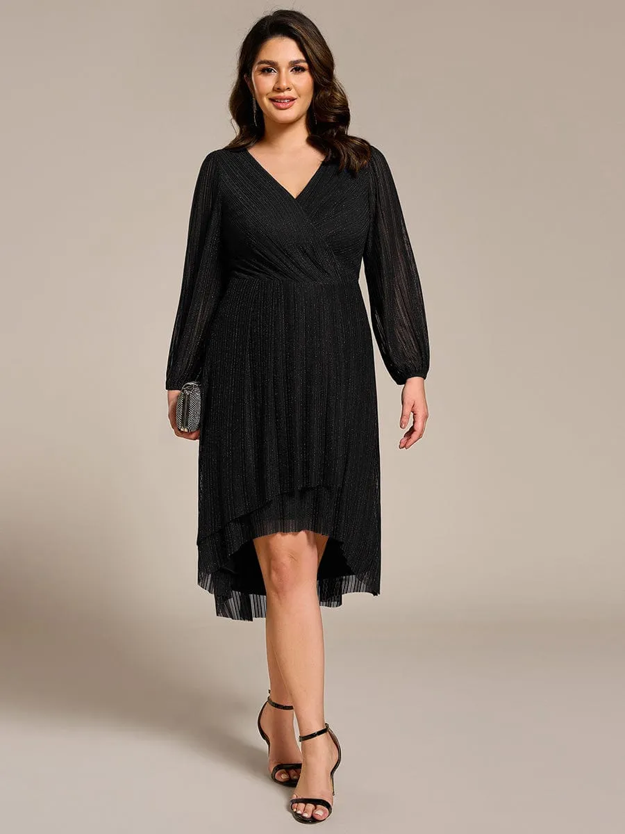 Glow Laura | Plus Size Pleated Long Sleeve V-Neck Midi Glitter Wedding Guest Dress