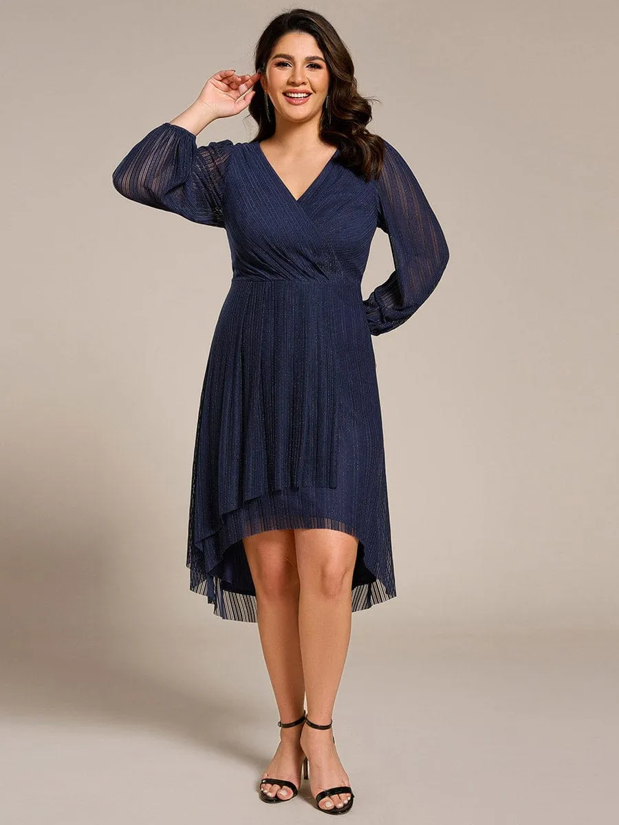 Glow Laura | Plus Size Pleated Long Sleeve V-Neck Midi Glitter Wedding Guest Dress