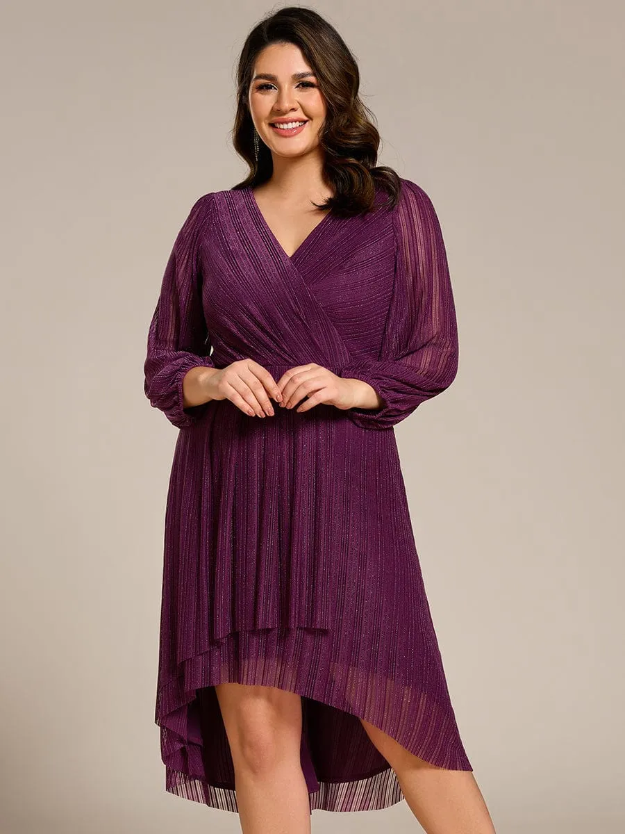 Glow Laura | Plus Size Pleated Long Sleeve V-Neck Midi Glitter Wedding Guest Dress