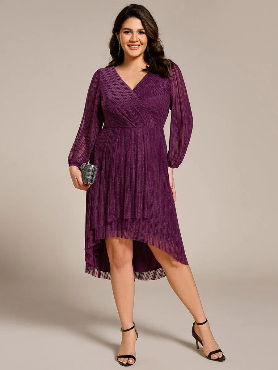 Glow Laura | Plus Size Pleated Long Sleeve V-Neck Midi Glitter Wedding Guest Dress