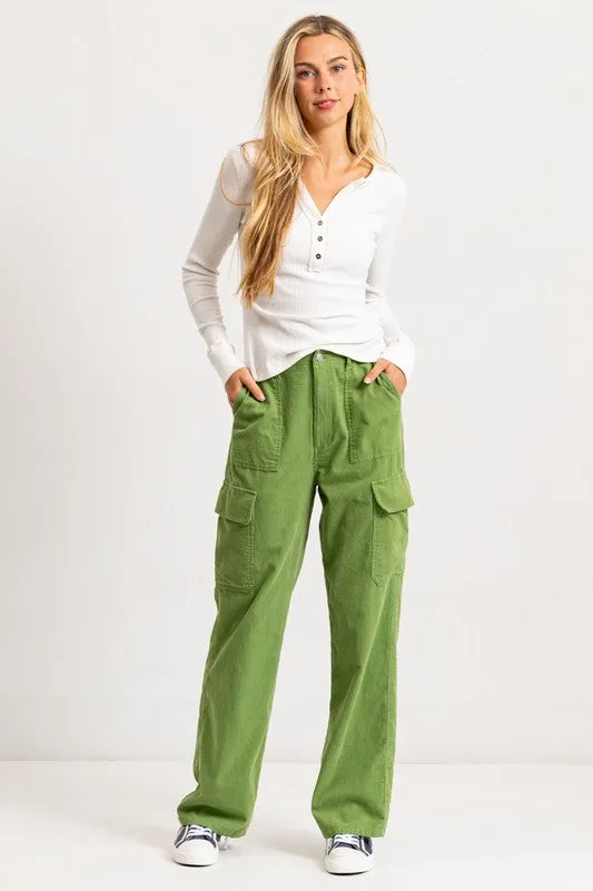 Grass High Rise Straight Fit Corduroy Cargo Pants