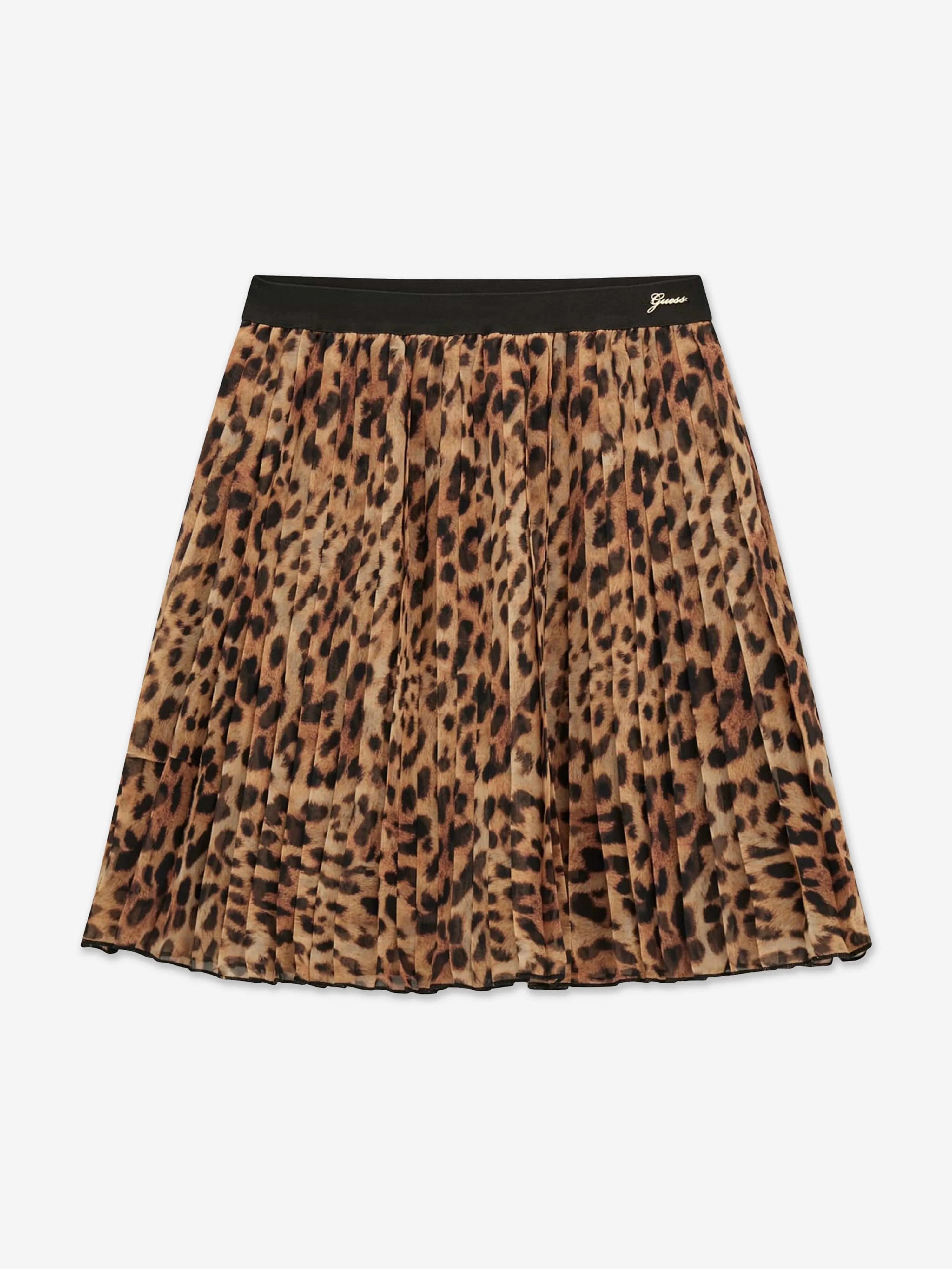 Guess Girls Leopard Chiffon Pleated Midi Skirt in Brown