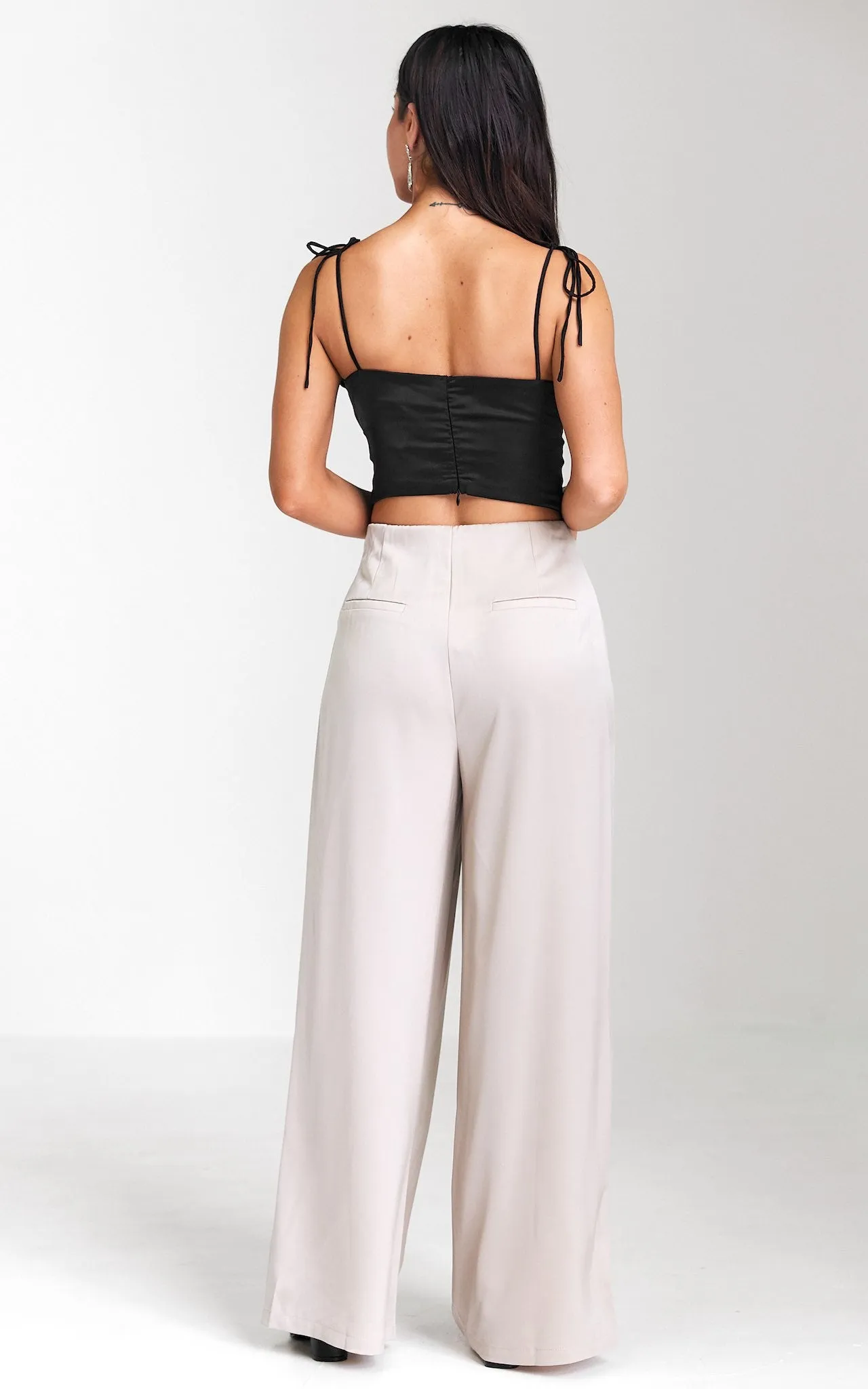 Leah Wide Leg Satin Pants - Beige