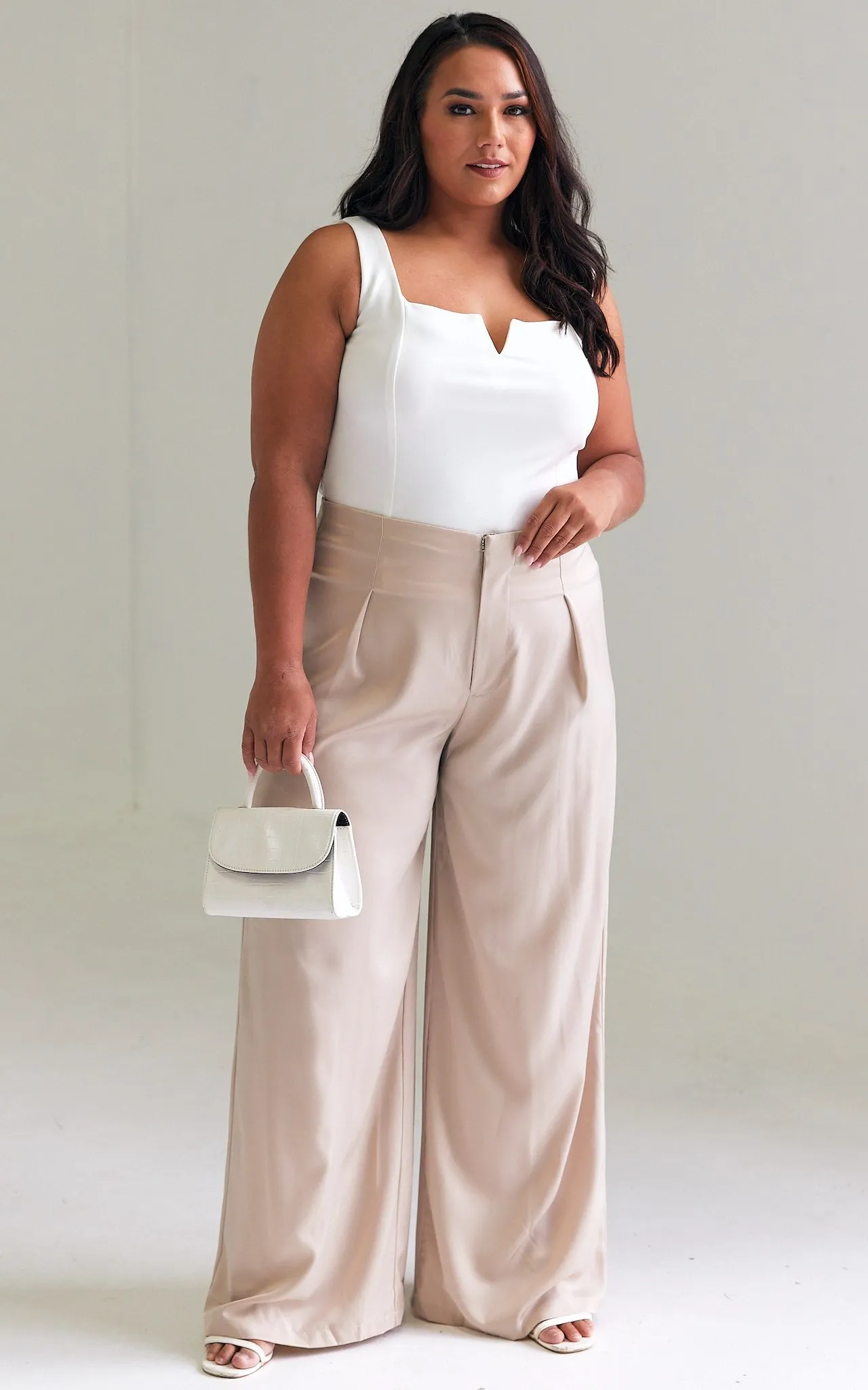 Leah Wide Leg Satin Pants - Beige