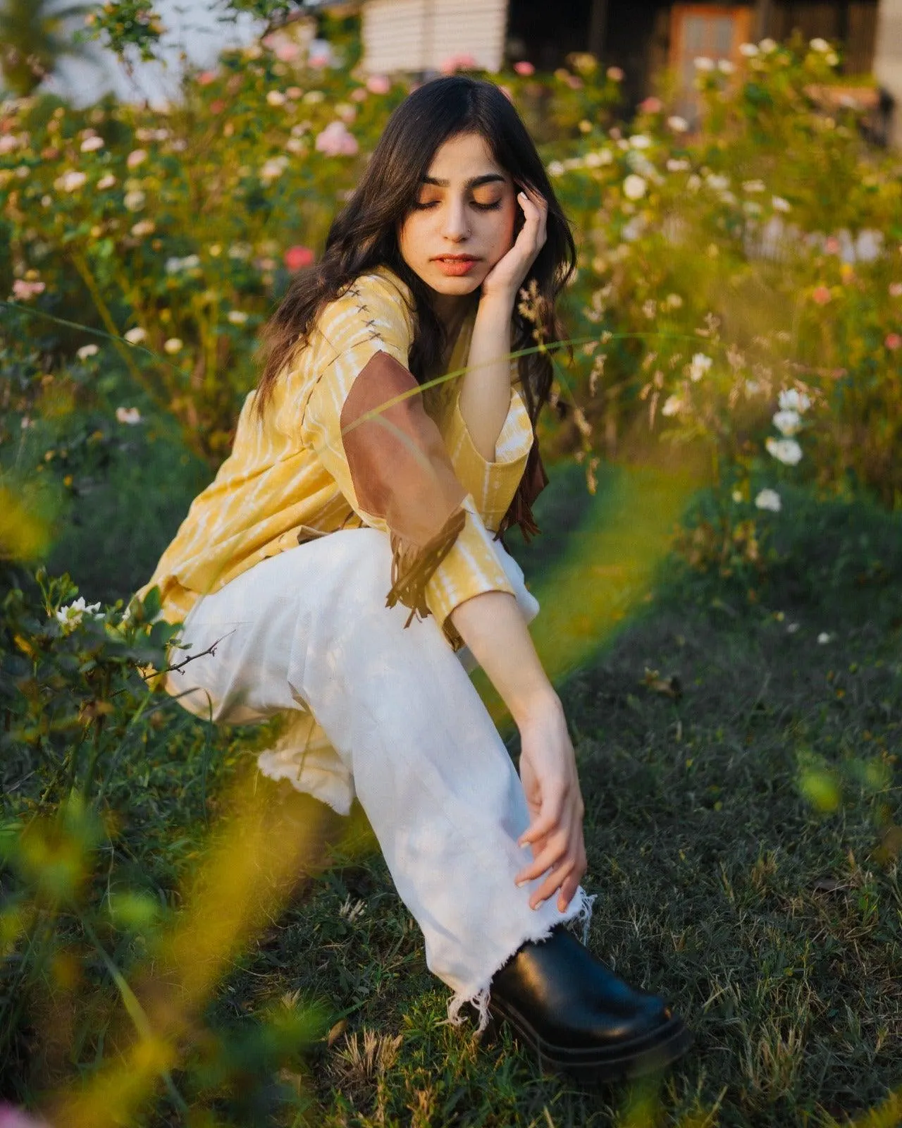 Lemon Yellow Handmade Cardigan with Brown Leather Accents