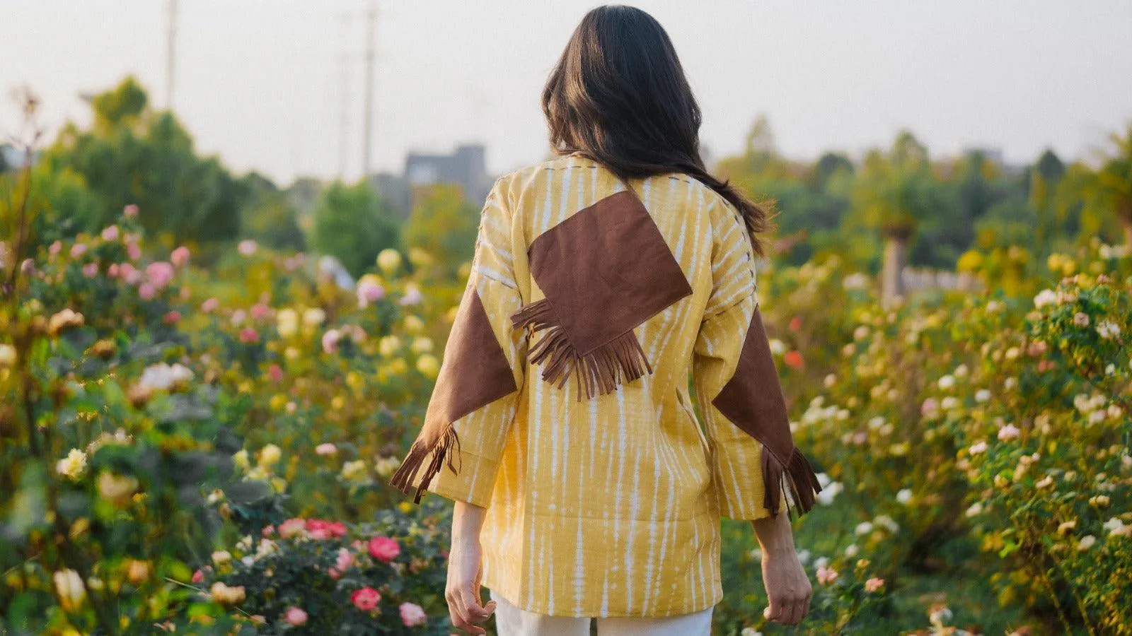 Lemon Yellow Handmade Cardigan with Brown Leather Accents