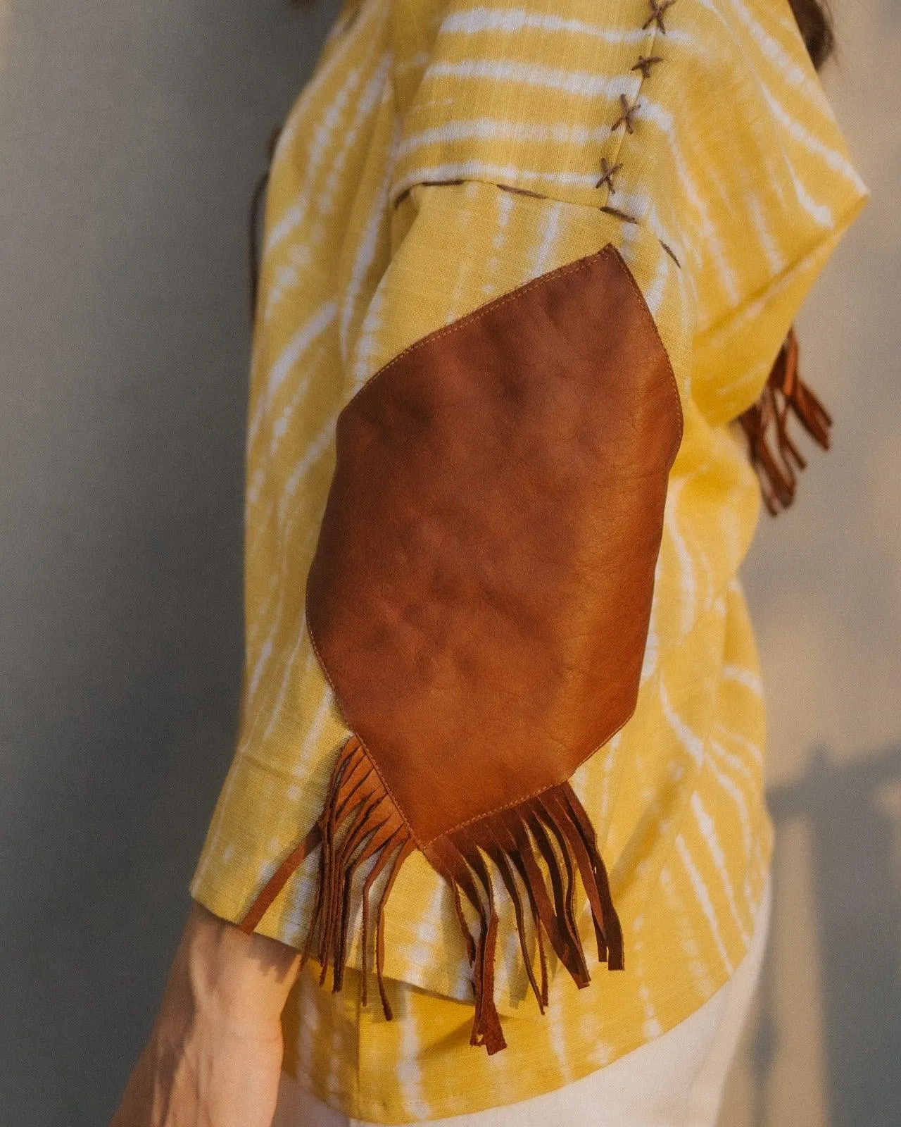 Lemon Yellow Handmade Cardigan with Brown Leather Accents