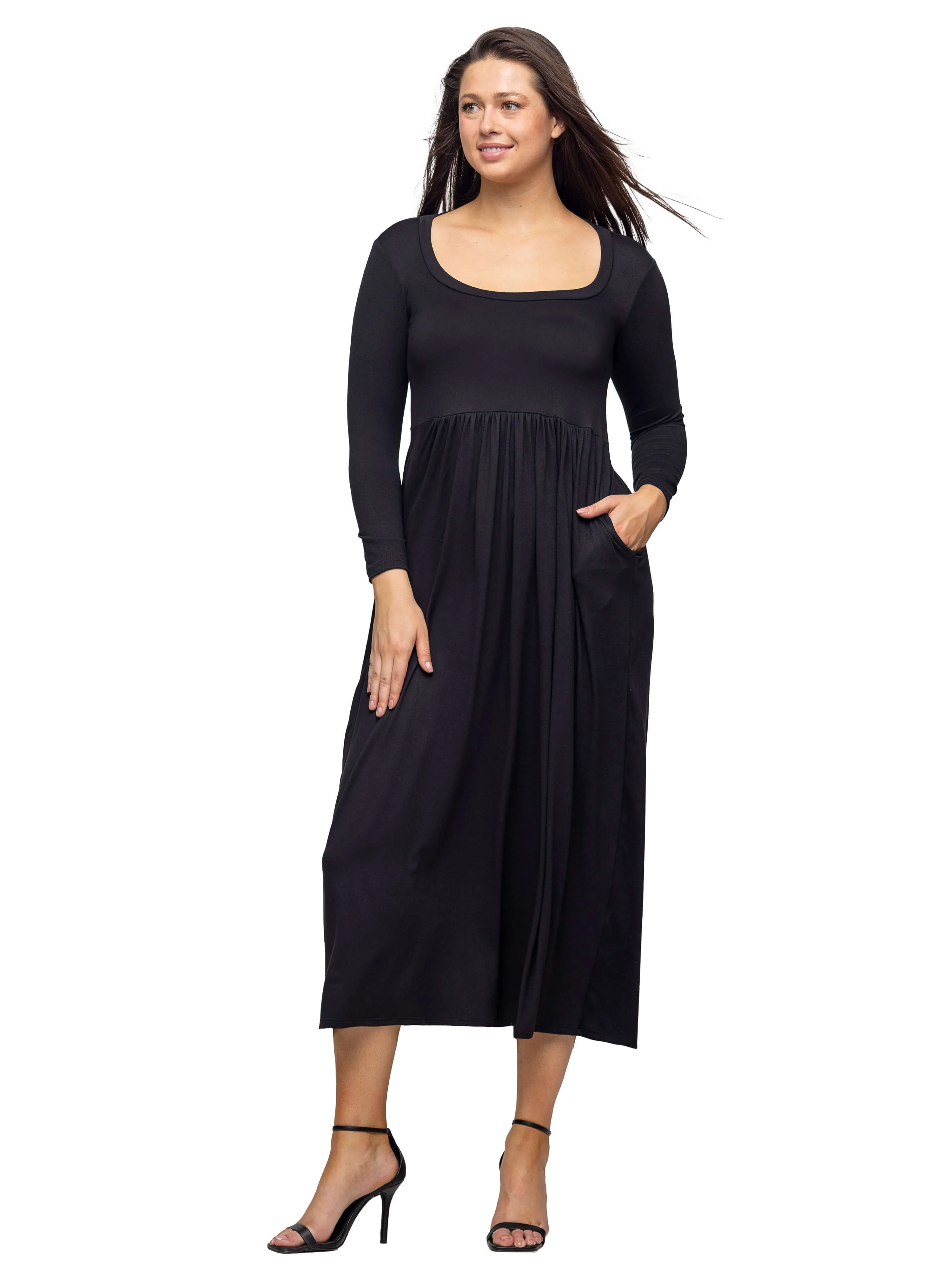 Long Sleeve Empire Waist Pocket Maxi Dress