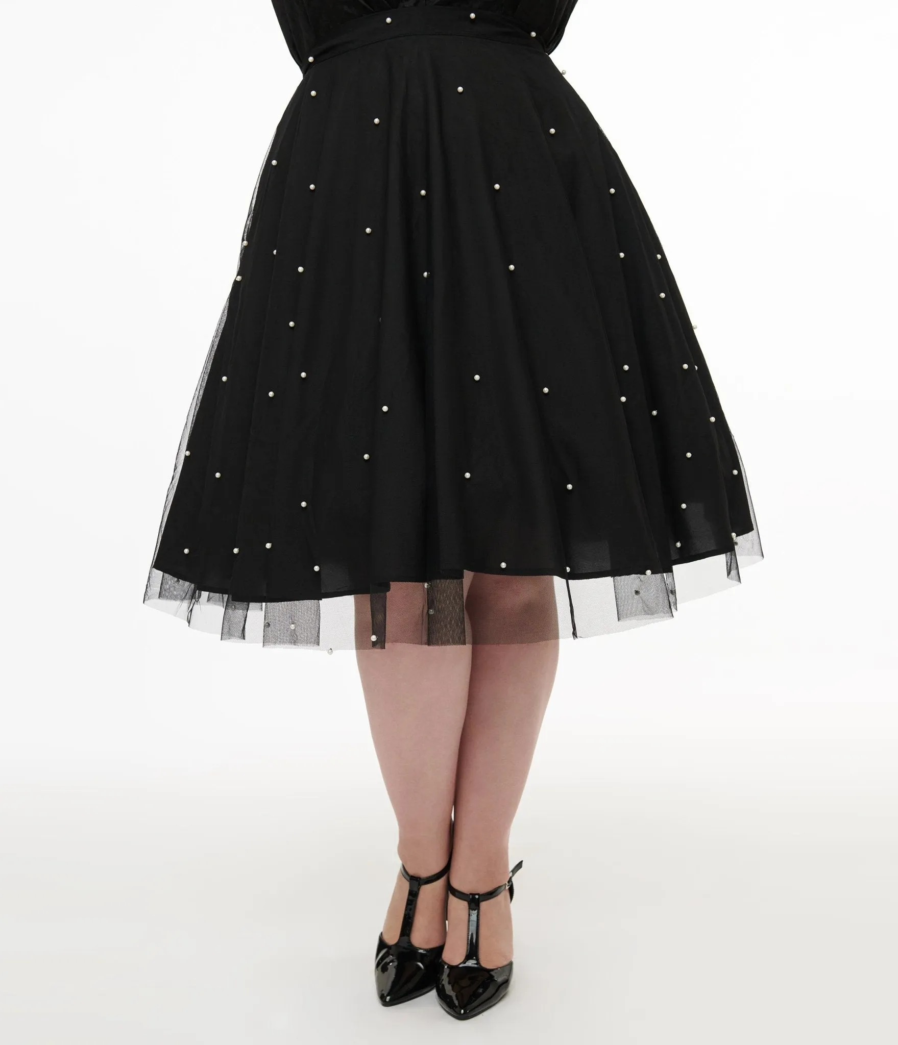 Magnolia Place Plus Size Black & Faux Pearl Sally Swing Skirt