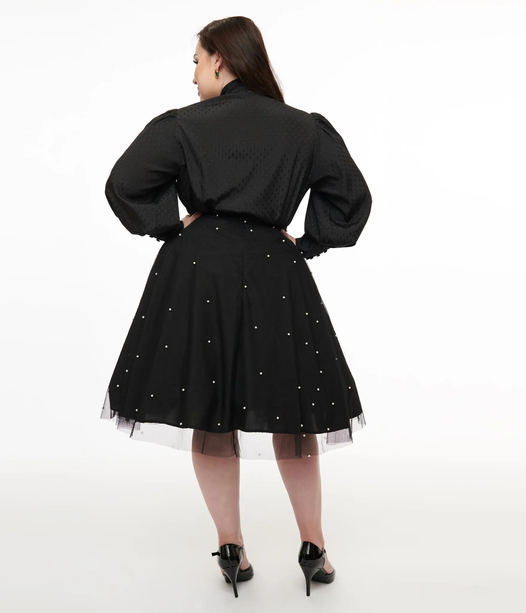 Magnolia Place Plus Size Black & Faux Pearl Sally Swing Skirt