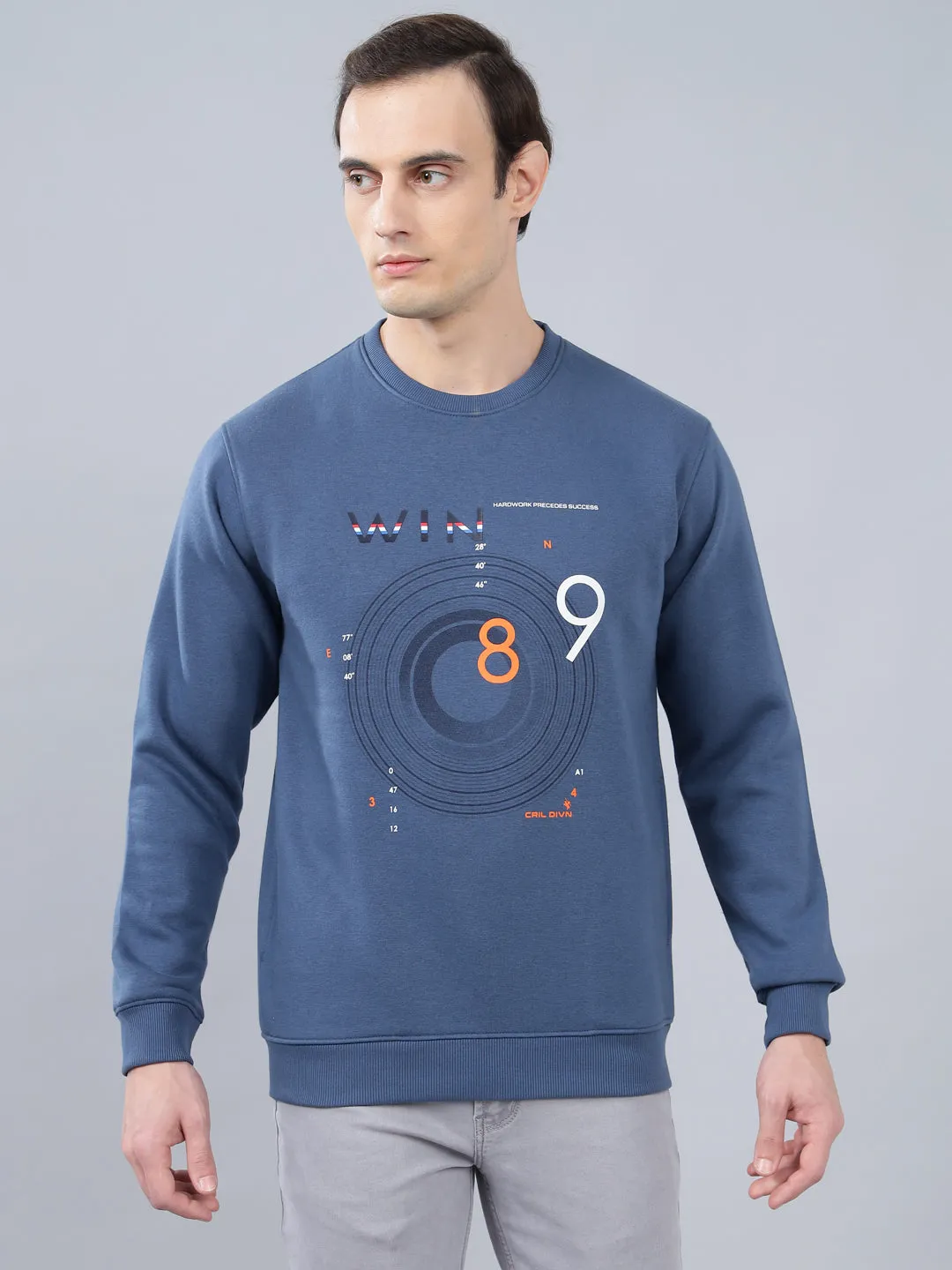 Men's Graphic Printed Blue Round Neck Sweatshirt