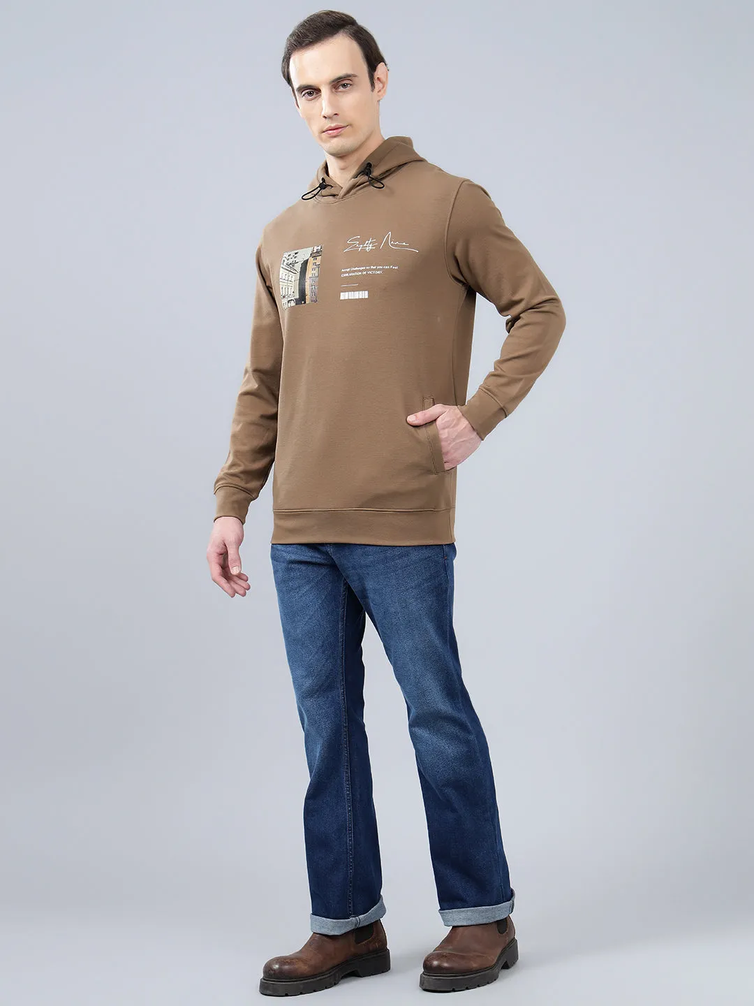 Men's Printed Brown Hoody Neck Sweatshirt