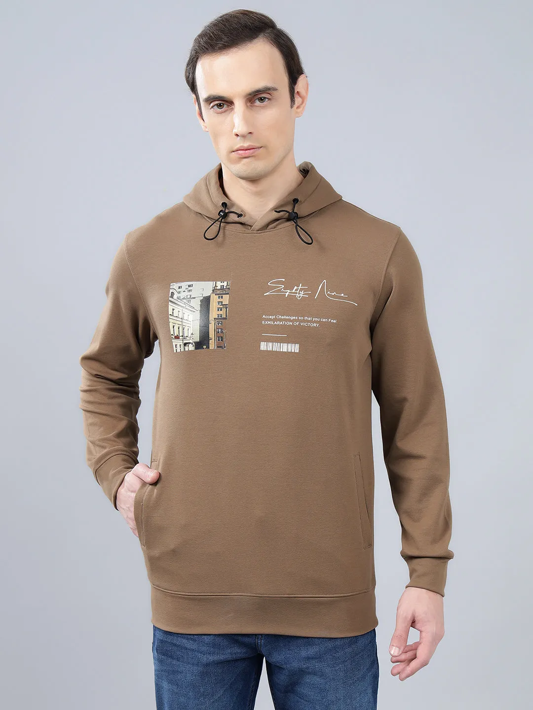 Men's Printed Brown Hoody Neck Sweatshirt