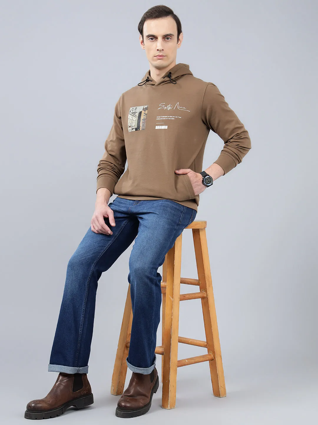 Men's Printed Brown Hoody Neck Sweatshirt