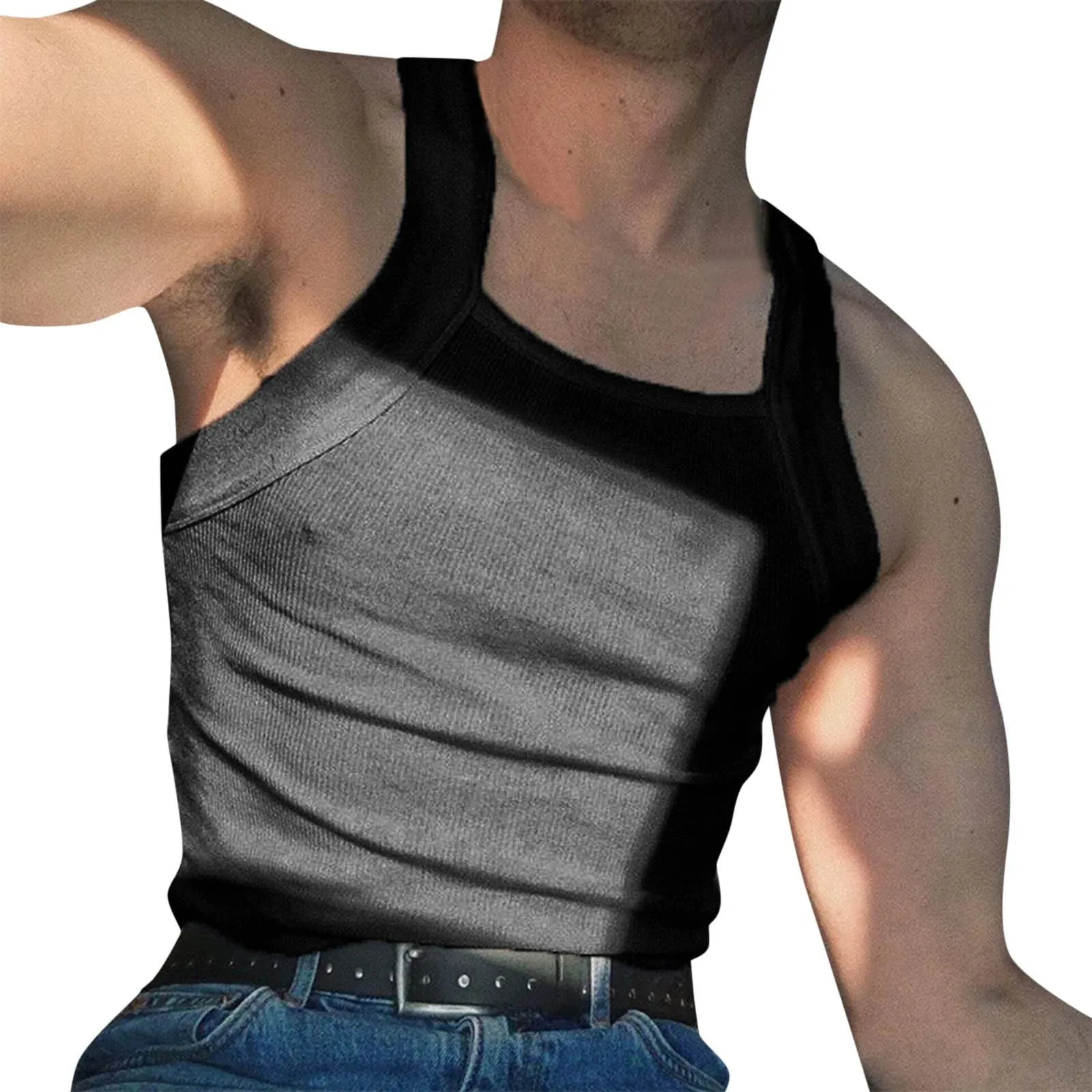 Men's Summer Vests American Style Street Casual Tank Top Male Fashion Sleeveless Square Neck Spliced Solid Color Tops 9C189