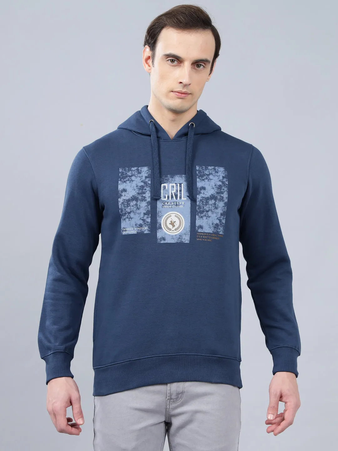 Men's Typography Printed Blue Hoody Neck Sweatshirt