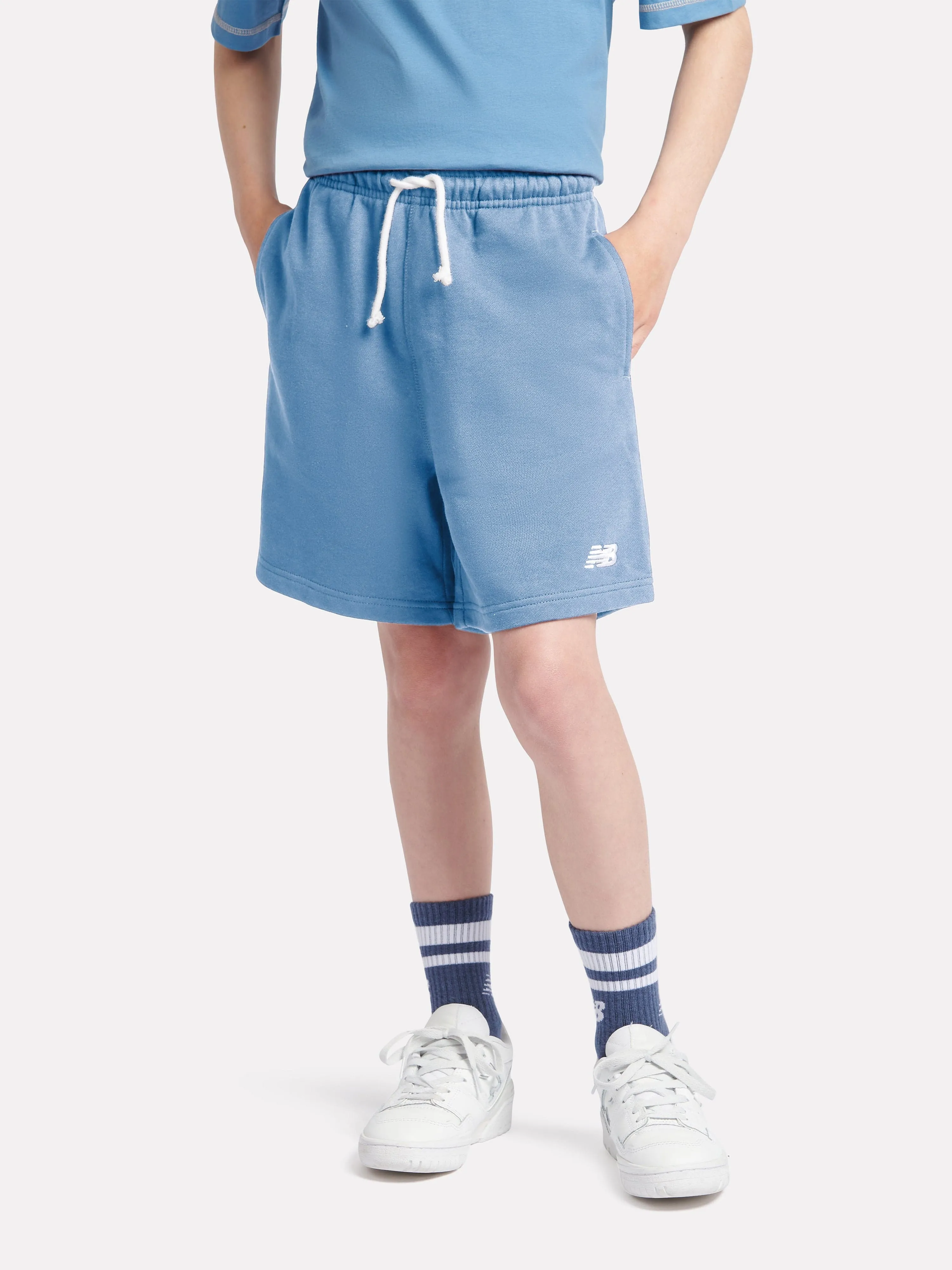 New Balance Boys French Terry Small Logo Shorts in Blue