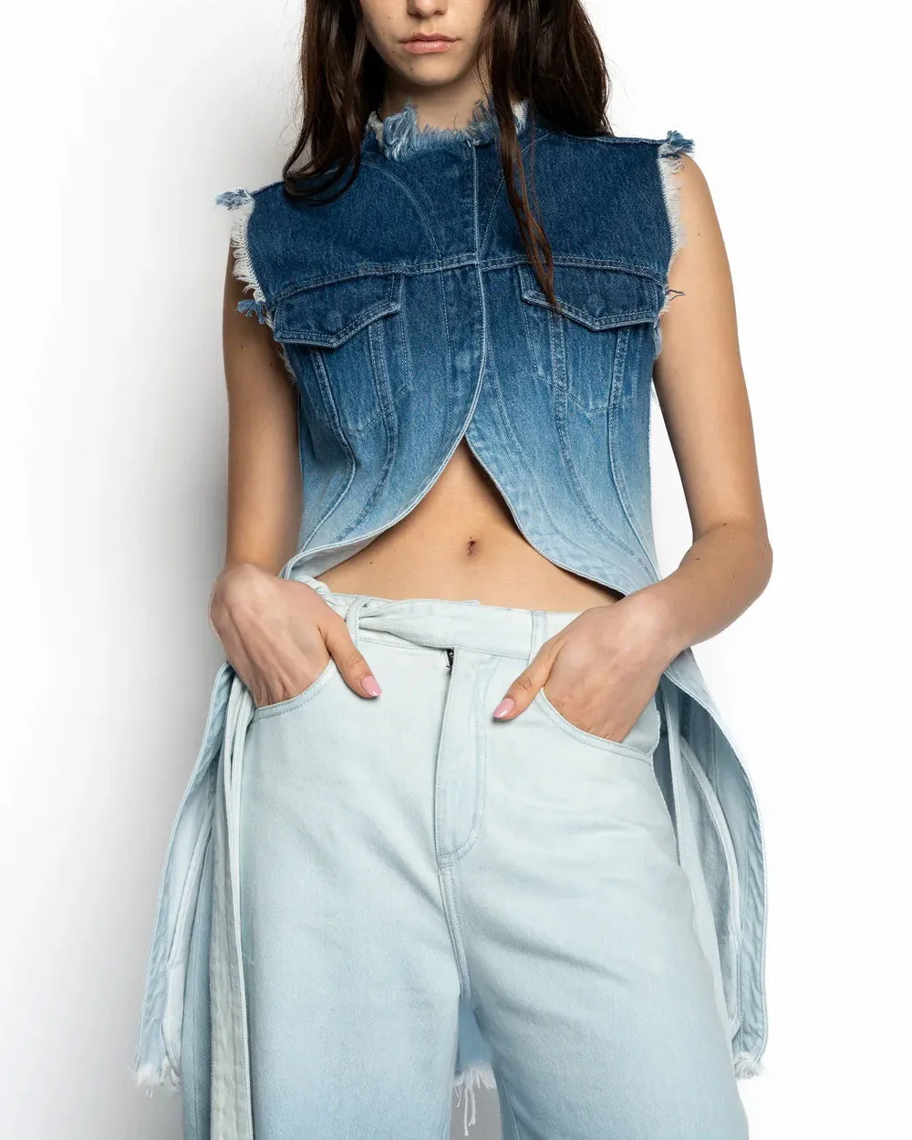 Ombre Blue High Low Denim Vest