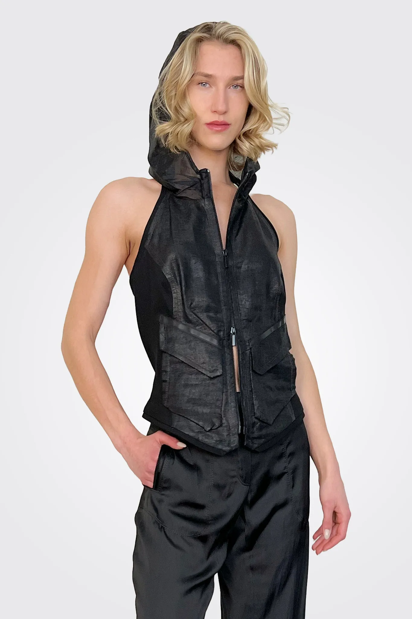 Open Back Hooded Vest - Coal