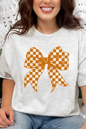 Orange Checkered Coquette Bow Short Sleeve Relaxed Fit T-Shirt