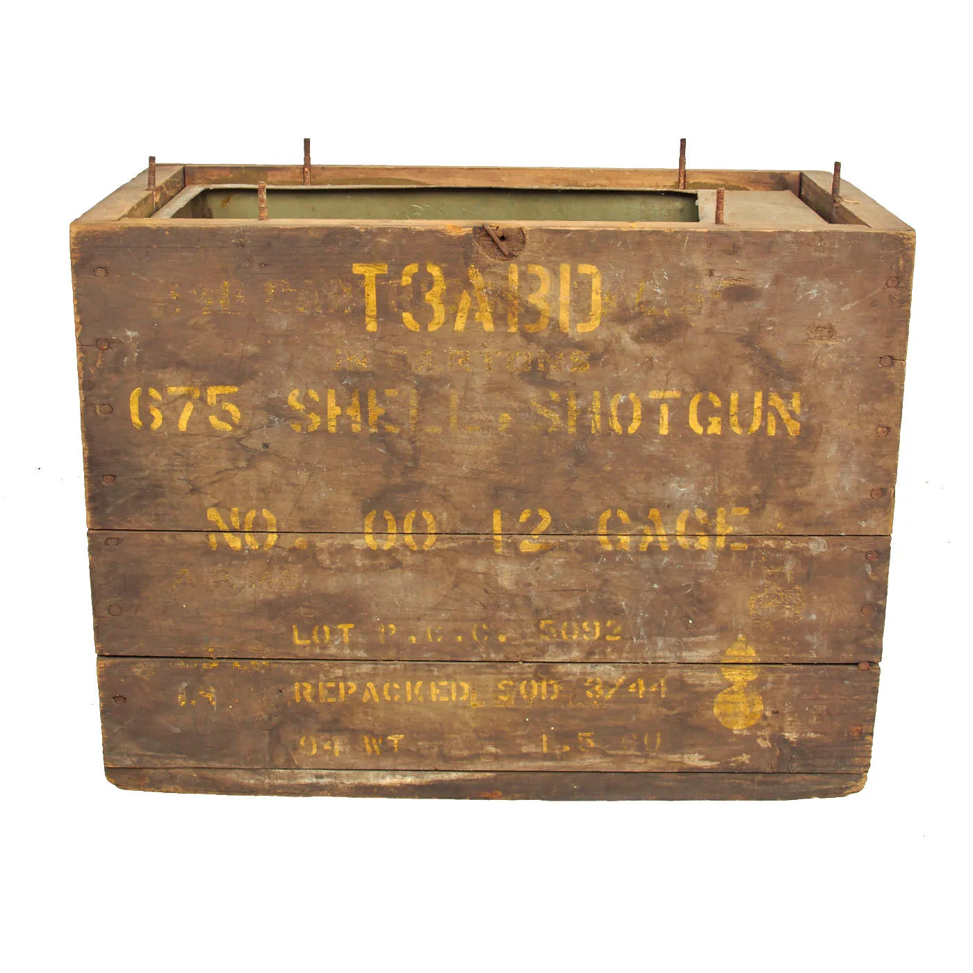 Original WWII U.S. Army Wooden Shotgun T3ABD 12 Gauge No.00 Buckshot M1917 Ammunition Crate with Liner - Dated 1944