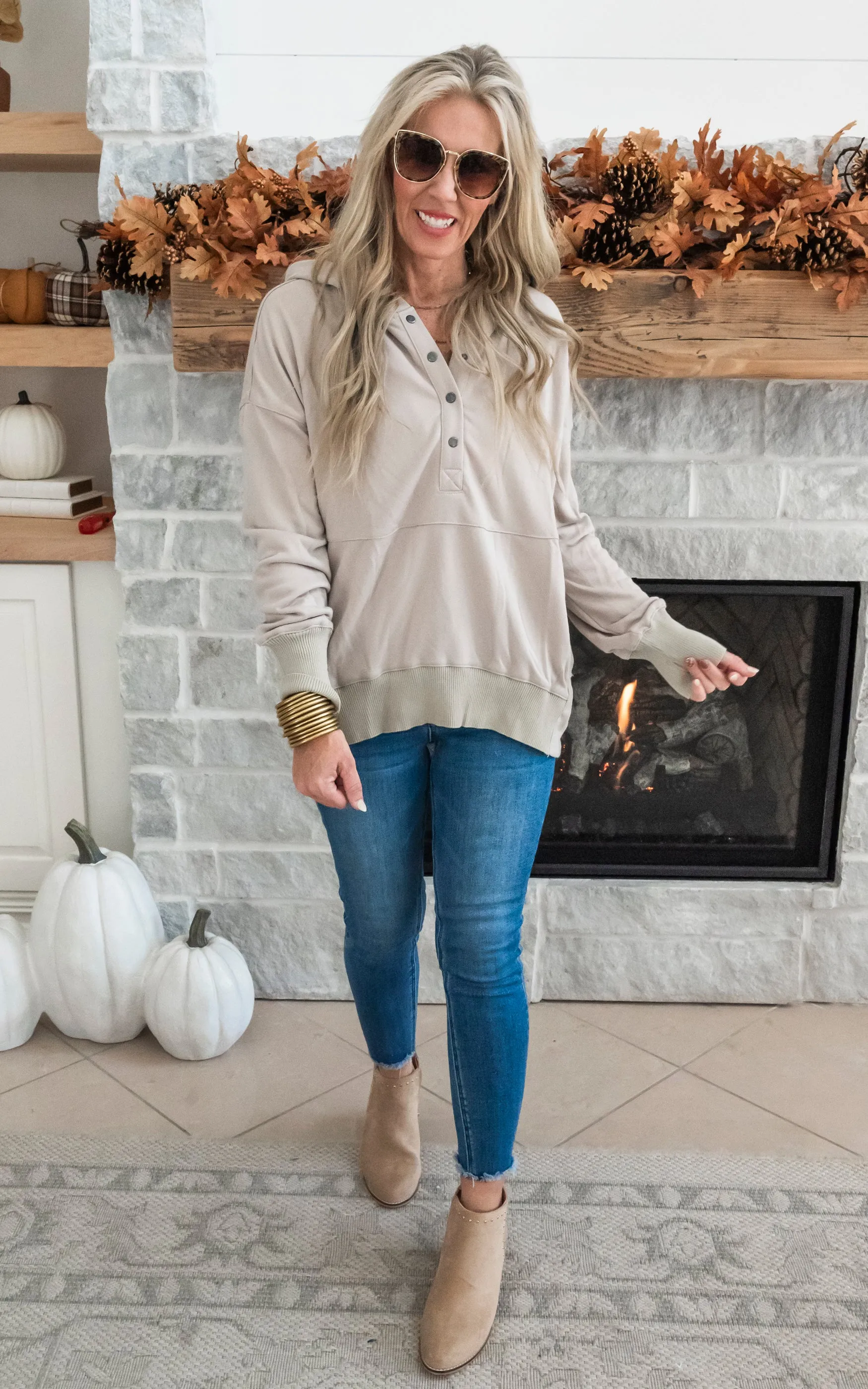 Oversized Drop Shoulder Half Button Knit Hoodie - Taupe